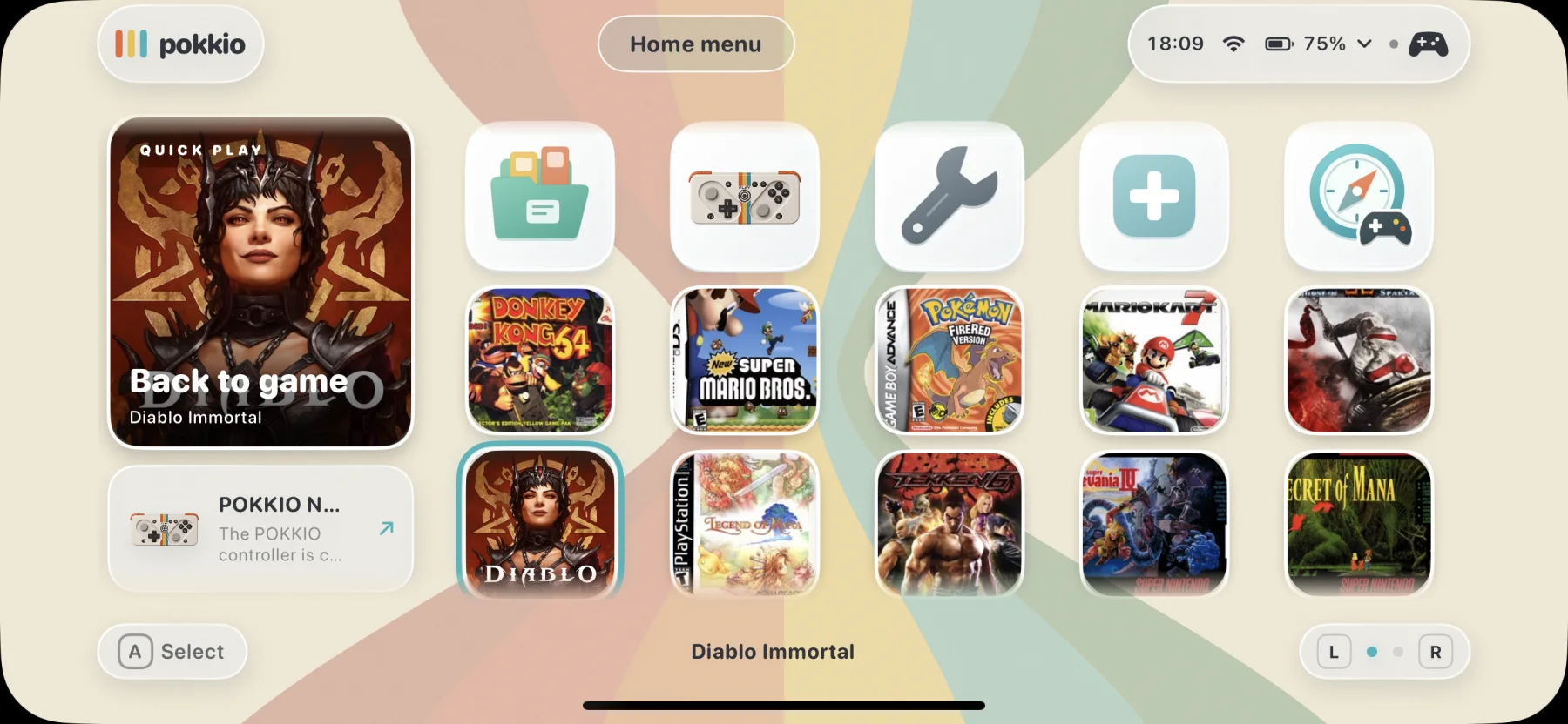 Pokkio app home screen with the last played game, library, settings and a shortcut to Discover