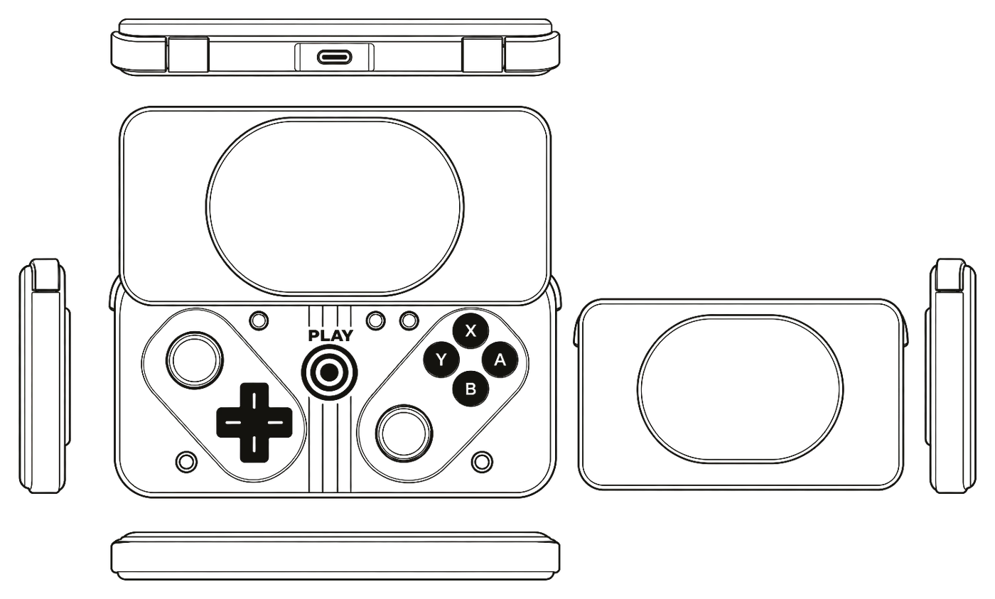 Rysunek techniczny kontrolera Pokkio: rzut z przodu w pozycji rozsuniętej, rzut złożonego, widoki z boku, z góry i z dołu.